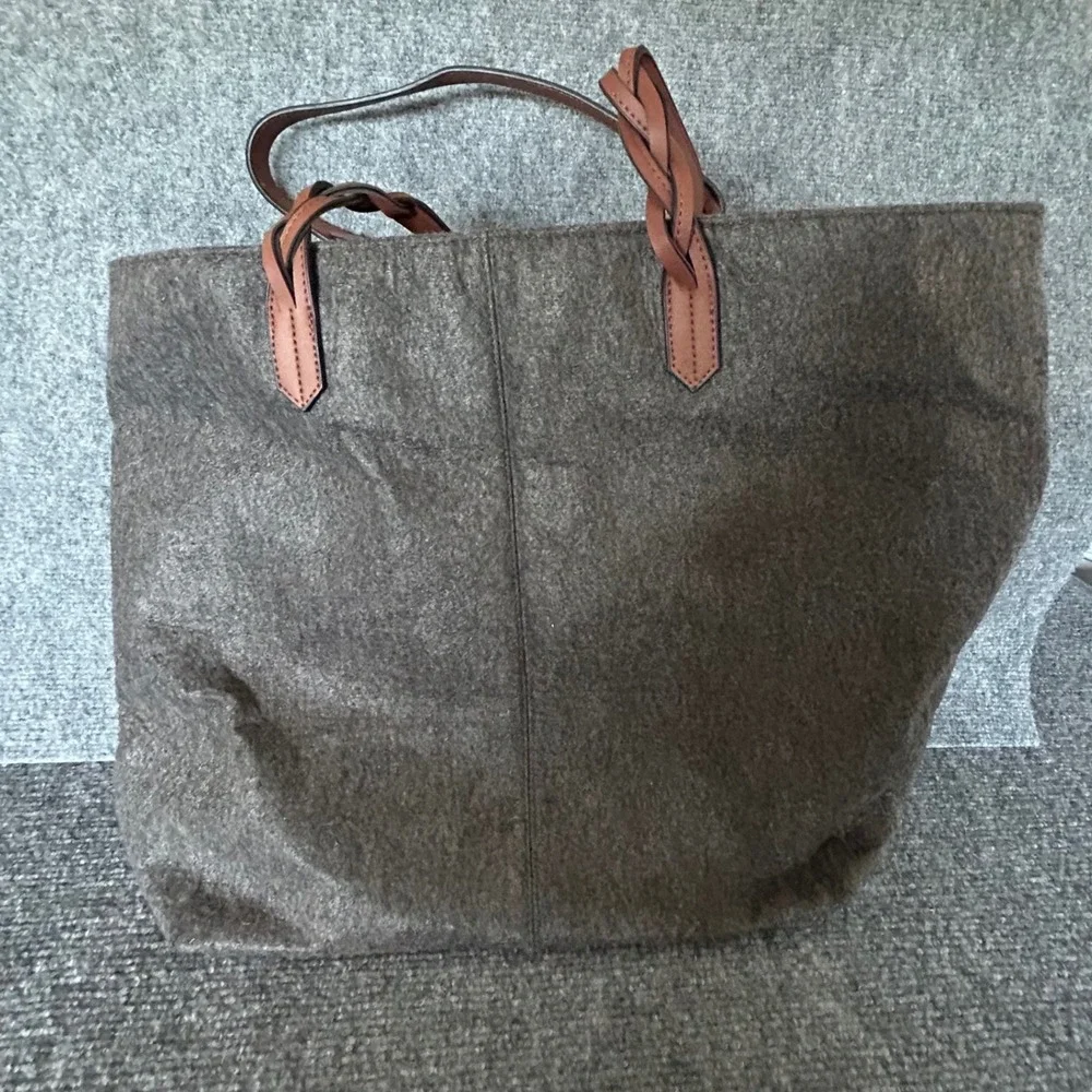 Grey Felt Tote Bag with Brown Faux Leather Trim and Tassel Detail Large Carryall